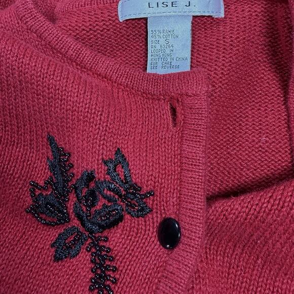 Vintage Lise J Cardigan Sweater Sz S Cardinal Red Black Embroidery and Beading - Picture 6 of 9
